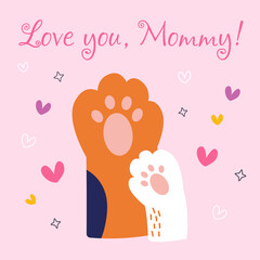 Cute card with family cats. Love you mommy. Vector illustration. pink background