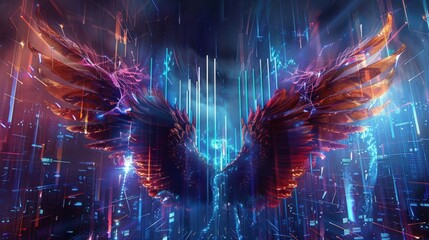 A dazzling visual representation of music with equalizer bars spreading into majestic wings and soaring through an electric landscape - obrazy, fototapety, plakaty