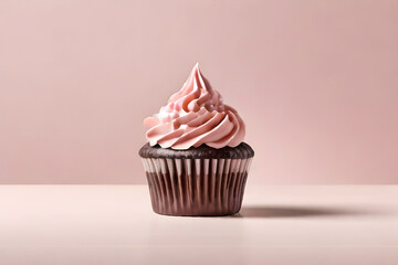 Chocolate cupcake with creamy pink frosting on a light background. Template for displaying product presentation. AI platform