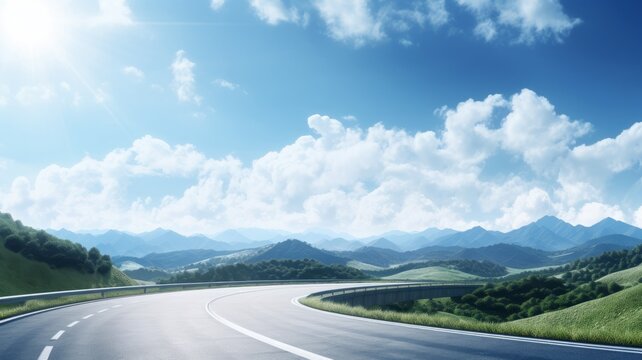 Panoramic view of an open road leading through a scenic mountain landscape with lush green fields under a blue sky with clouds.