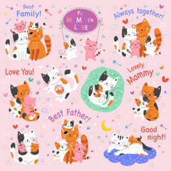 Big set. Cute card with family cats. Best family. Vector illustration. pink background