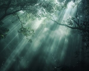 Shadow forests pierced by light beams ethereal rays filtering through dense canopy highlighting natures contrasts