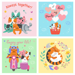 Cute card with family cats. Set Always together. Vector illustration. color background