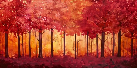 Silk flame forest where trees have leaves that resemble soft flowing silk in fiery shades of red and orange under a twilight sky
