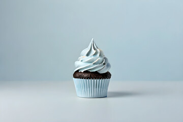 Chocolate cupcake with creamy blue frosting on a light background. Template for displaying product presentation. AI platform - obrazy, fototapety, plakaty
