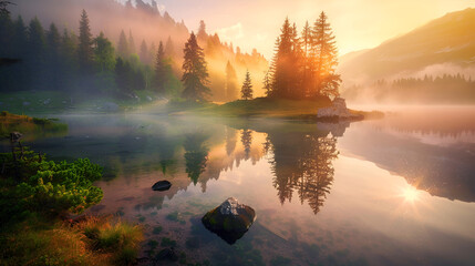The tranquil ambiance of a misty morning at Lacu Rosu lake in Harghita County, Romania, Europe, where the fog gently blankets the serene landscape during a peaceful summer sunrise - obrazy, fototapety, plakaty
