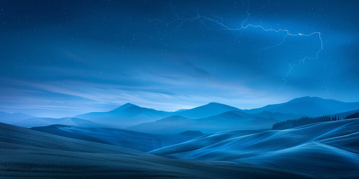 Silk lightning storm with soft silk like lightning bolts illuminating the night sky above a serene rolling hill landscape