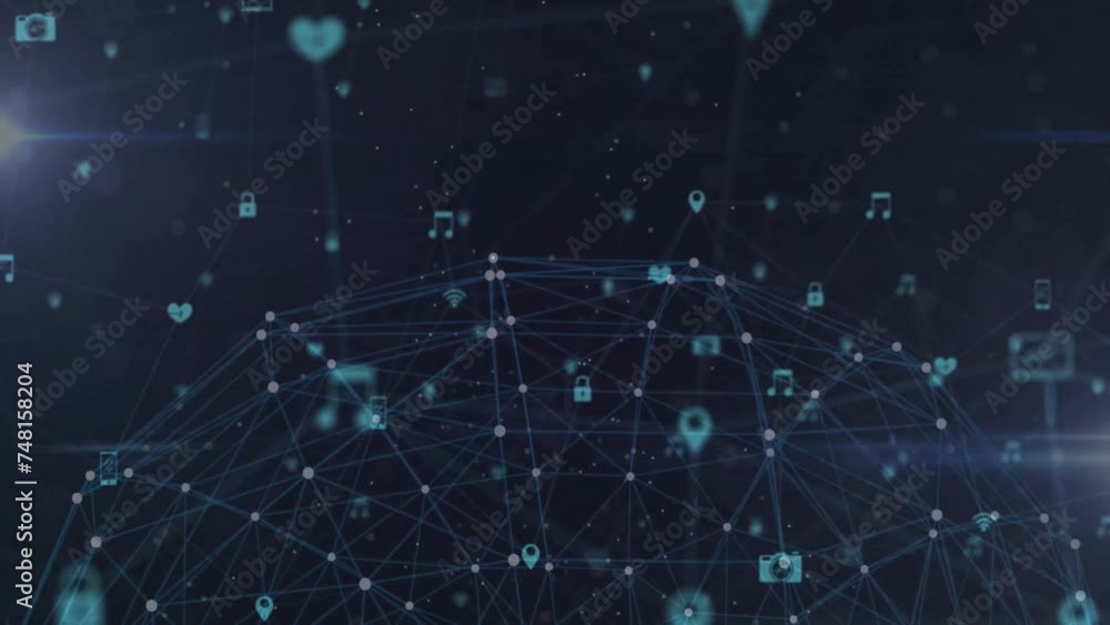 Poster animation of network of connections with icons over light spots