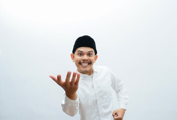asian muslim man welcoming gesture