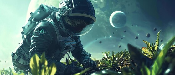 Space farmer wearing an invisibility cloak working in a zero gravity field planets in the background