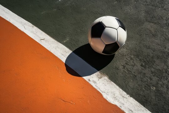 Soccer ball on court with contrasting orange surface and white line, casting a sharp shadow.