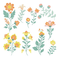 Collection of folk art design elements.
Vector illustration with flowers in folk style on a white background. Hand drawn folk flowers. Scandinavian traditional motif