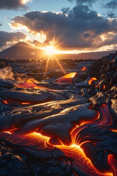 Sunlit lava fields with glowing red and orange lava flows steam rising against a backdrop of dark volcanic rock and blue sky
