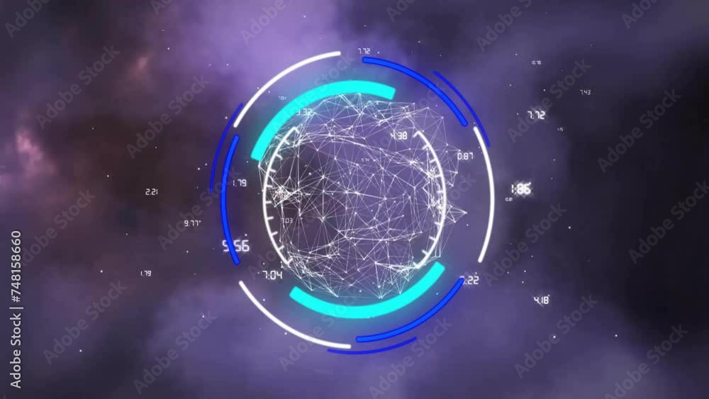 Poster animation of data processing and globe over storm