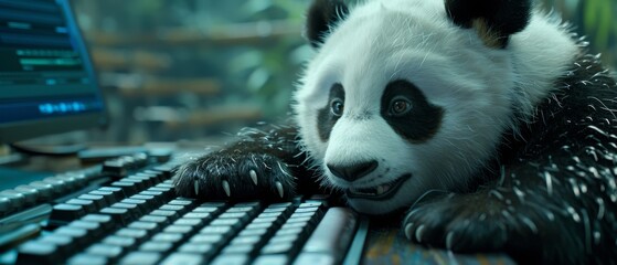 The panda diligently typing on a computer keyboard - obrazy, fototapety, plakaty