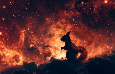 The silhouette of a squirrel against the backdrop of a massive galactic core in the outer space