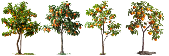 A group of trees laden with ripe oranges isolated on a white background, showcasing the fruit-bearing nature of the citrus plants. Trees isolated