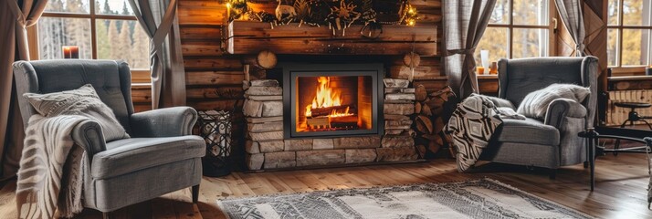 Warm and cozy cabin interior with a roaring fireplace plush armchairs and rustic wooden decor offering a perfect mountain retreat - obrazy, fototapety, plakaty