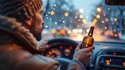A man drinks alcohol while driving a car. Breaking the law and dangerous driving on a busy highway