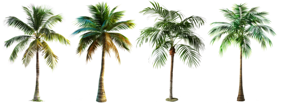 A row of palm trees isolated on a white background, ideal for design elements. Trees isolated