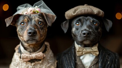Two dogs in wedding attire, standing together in a celebratory pose