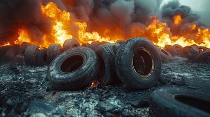 A significant blaze engulfs a tire disposal site. Toxic smoke and flames saturate the air with dangerous particles, resulting in a top-tier environmental crisis. - obrazy, fototapety, plakaty