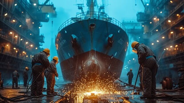 Workers inspecting and repairing large ship at ship repair yard