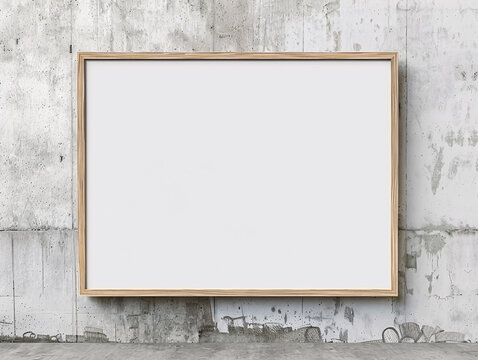 A blank canvas in a wooden frame against a textured concrete wall
