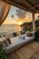 Bed Overlooking Ocean. Generative AI