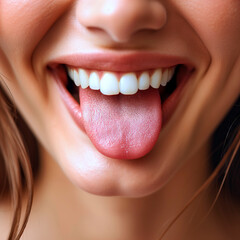 Joyful smile with healthy teeth and tongue close-up