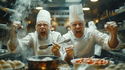 Surprised and dissatisfied, two chefs are shocked by an accusation of poor-quality service, sparking outrage. They vehemently defend against the claim, expressing frustration - obrazy, fototapety, plakaty