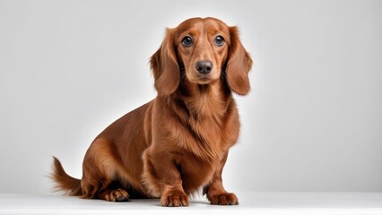 Red long haired dachshund dog on grey background