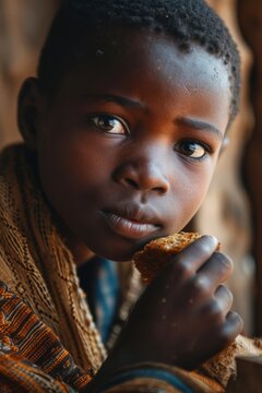 African kid sorrowfully eating bread, reflecting the face of hunger