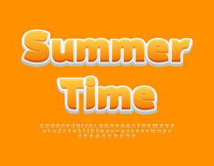 Vector sunny logo Summer Time. Modern Yellow Font. Stylish Alphabet Letters and Numbers.
