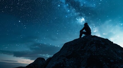 A lone figure silhouetted against a starry sky sits on a large boulder at the top of a mountain taking a break from hike to marvel at the constellations above.