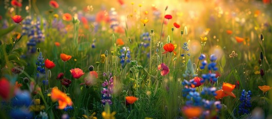 A field filled with a variety of colorful wildflowers and lush green grass, illuminated by the warm summer sun. The vibrant flowers create a stunning display of natural beauty.