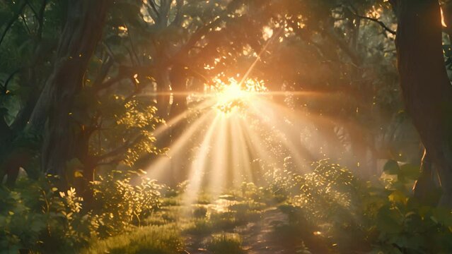 Sunlight filters through trees on a forest path, blending dawn's glow with nature's tranquility