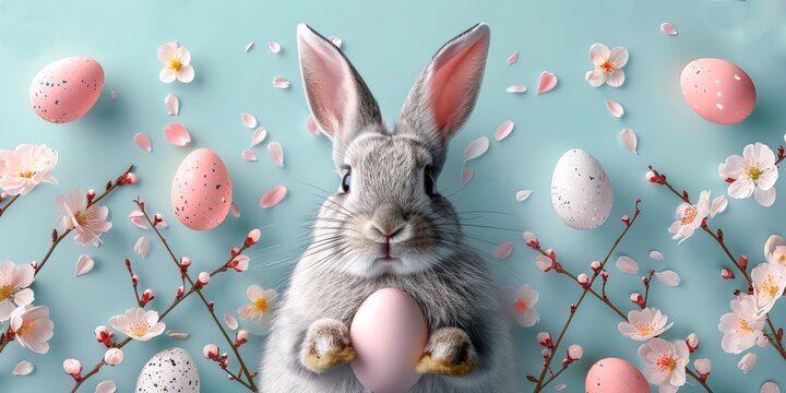 Gray rabbit holding a pastel pink Easter egg surrounded by eggs and cherry blossoms on a turquoise background, banner - Powered by Adobe