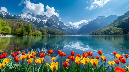 Scenic mountain lake and tulip garden in K resolution seamless background. Concept Nature Photography, Botanical Beauty, High-Resolution Backgrounds, Landscape Art, Vibrant Floral Displays