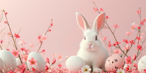 White rabbit surrounded by pastel Easter eggs and pink blossoms on a soft pink background, banner, copy space