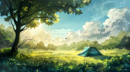 Serene Camping: Tent Under a Canopied Tree in a Lush Sunny Meadow