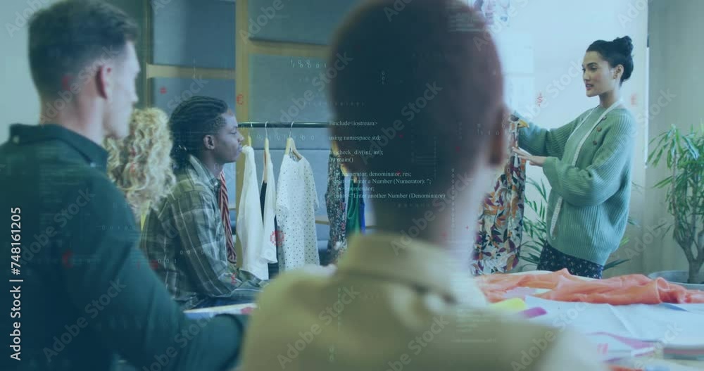 Poster Animation of data processing and shapes over diverse business people discussing work