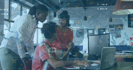 Animation of data processing and world map over diverse business people discussing work - Powered by Adobe
