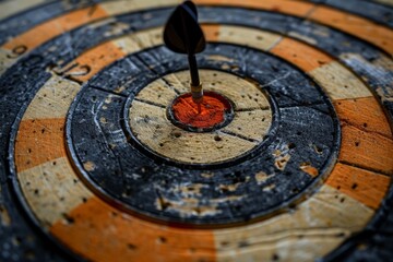 A close-up of a dart perfectly hitting the center of a weathered and well-used dartboard, symbolizing accuracy and success