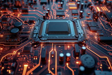 Fototapeta na wymiar Data technology Ai analyzes central CPU on microchip interface circuit board. Generation AI
