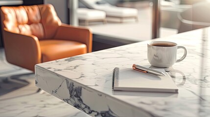 a corporate office desk, featuring a sleek white marble surface adorned with a neatly arranged notebook and pen, accompanied by a coffee mug, evoking a sense of focus and sophistication.