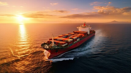 Obraz premium Container ships, business logistics import and export freight transportation by container ship in the harbor in the ocean at sunset sky background, cargo transportation industry concept,