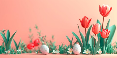 Elegant Easter banner featuring red tulips and speckled eggs amidst green foliage on a coral pink background, ideal for a festive greeting card