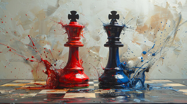 Chess pieces, splattered paint backdrop.