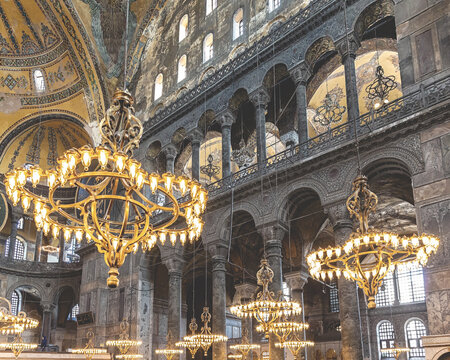 Ayasofya (Hagia Sophia). Part of the central nave and upper gallery as seen from down. Masterpiece of Byzantine architecture. May 10, 2022. Istanbul, Turkey (Turkiye)